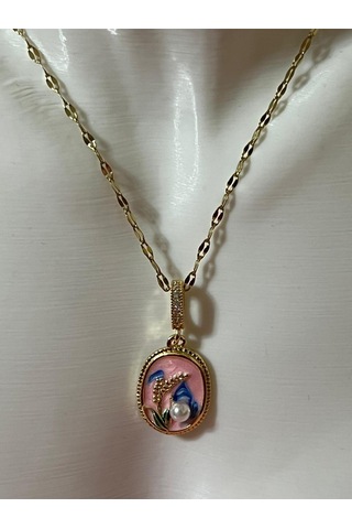 Vıntage Kabartmalı İncili Sanat Kolye Pembe Mineli 316l Çelik Renkli