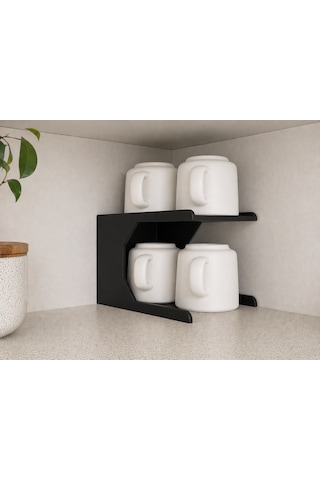 Mutfak Dolap İçi Kupa Organizer Rafı 2 Katlı Bardak Düzenleyici Stand 12x21x13 Cm Siyah
