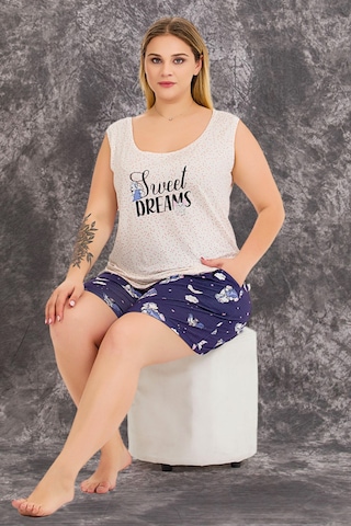 Lady Lacivert Renk Ve Desenli Battal Büyük Beden 10423 Kadın Şortlu Anne Pijama Takımı Lacivert - Beyaz