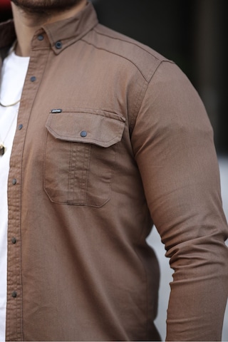 Mero Life Erkek Kahverengi Slim Fit Dar Kesim Kot Gömlek Kahverengi