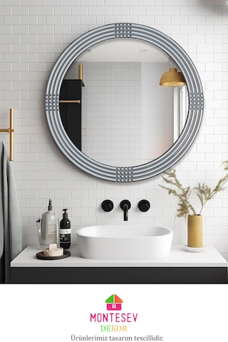 Safir Ahşap Gümüş Yuvarlak Ayna Işlemeli Duvar Banyo Aynası 43 Cm GÜMÜŞ