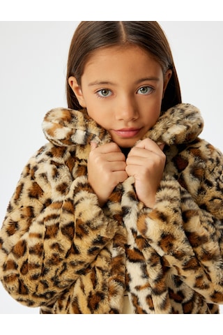 Koton Oversize Bebe Yaka Leopar Mont Suni Kürklü Uzun Kollu Bej Desenli 5wkg00009ak Ekru
