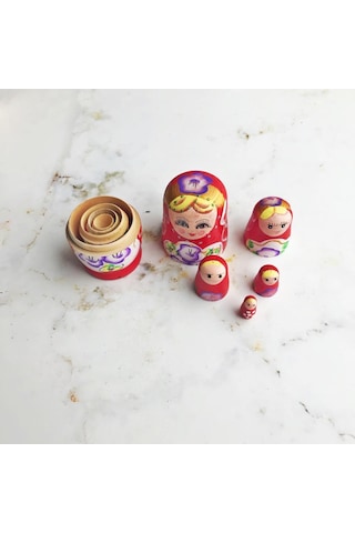 5'li Ahşap Kırmızı Matruşka Bebek