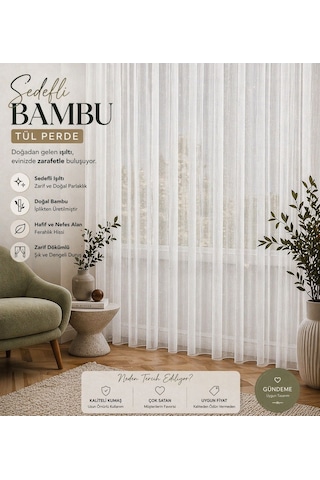 Ütü İstemez Sedefli Lüx Bambu Model Tül Perde 1/2 Seyrek Pileli Modern-şık Özel Ölçü Ekru