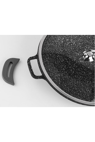 Taç Granit Döküm Cam Kapaklı Sac Kavurma ve Gözleme Tavası Siyah