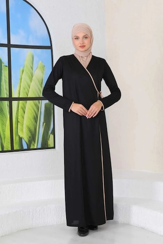 Pratik Rahat Yandan Bağlamalı Namaz Elbisesi Siyah-21011 Gül Kurusu