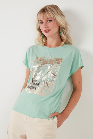 Lela Baskılı Bisiklet Yaka Regular Fit Bayan T Shirt 6671001 Mint