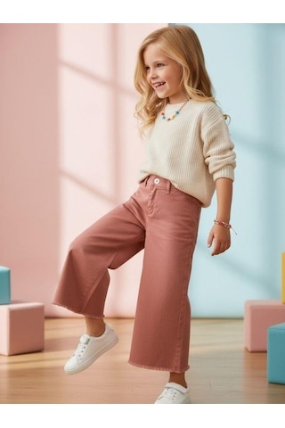 Zekids Kız Çocuk Pamuklu Paçaları Püsküllü Pantolon-16677 Somon