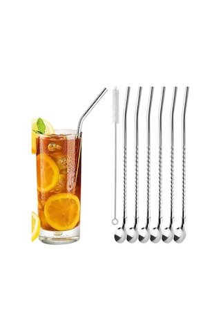 Mucit Home Kaşıklı Milkshake Pipeti Gümüş Paslanmaz Çelik 6'lı Pipet Seti+ 1 Adet Temizleme Fırçası