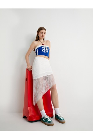 Koton Straplez Crop Top Baskılı Fiyonk Detaylı Mavi 4sal30329ık