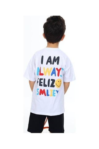 Erkek Çocuk Gülen Yüz Baskılı Tshirt-14166 Beyaz