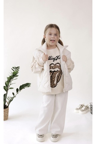 Kız Çocuk Yeni Sezon Leopar Desen Açık Kahve - Bej Renk Rolling Sweatshirt Krem