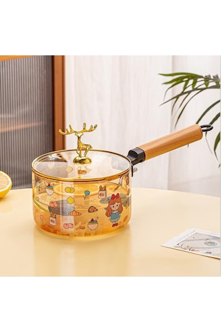 Borosilikat Cam Amber Geyik Kapaklı Sos Tenceresi - Yumurta Tenceresi 1500 Ml Amber