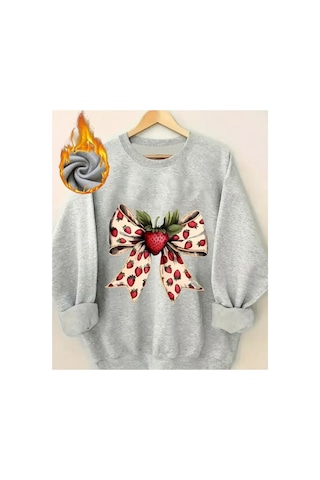 Herkesemoda Çilek Kurdele Baskı Detaylı Bisiklet Yaka Sweatshirt Gri