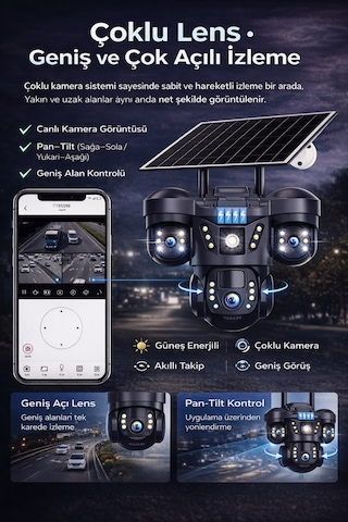 Snr 4g 3 Lensli Sım Kartlı 360 Ptz Solar Güvenlik Kamerası Güneş Panelli Gece Görüşlü Dış Mekan