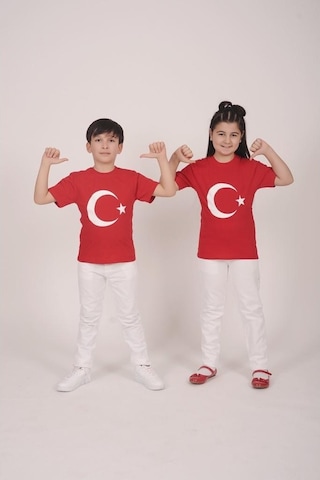 Erkek Ve Kız Çocuk Türk Bayraklı 23 Nisan Çocuk Tişört Kırmızı