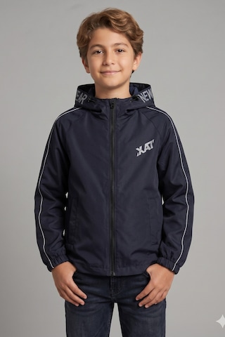 Erkek Çocuk Kapüşonlu Kolları Şeritli Baskılı Bondik Kumaş Mevsimlik Mont Mm5011 Lacivert
