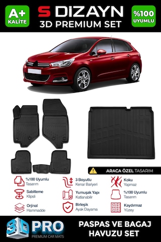 S-dizayn Citroen C4 3d Pro Havuzlu Paspas Ve Bagaj Havuzu Seti 2'li Set 2010-2018 A+ Kalite