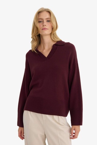 Defacto Oversize Geniş Kalıp Polo Yaka Triko Kazak F9126ax25wnbr467 Bordo