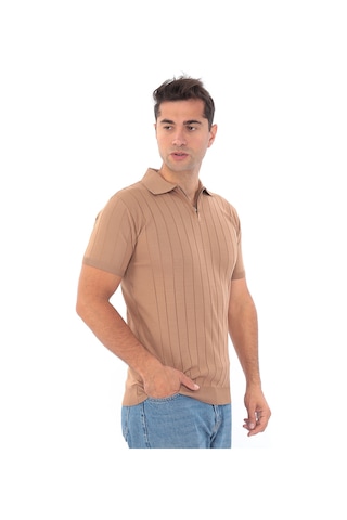 Monox Erkek Polo Yaka Fermuarlı Spor Yazlık Triko Tişort Kahverengi