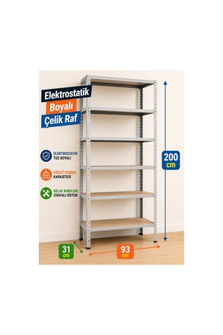 6 Katlı Çelik Elektrostatik Raf Sistemi, Depo, Arşiv, Kiler, Dosya, Market, Ayakkabı, Çiçek, Rafı Boyut: 31x93x200 Cm Kalınlık: 0,70 Mm Gri