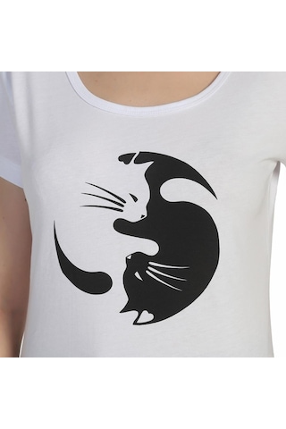 Bant Giyim - Yin Yang Kedi Beyaz Kadın T-Shirt Tişört
