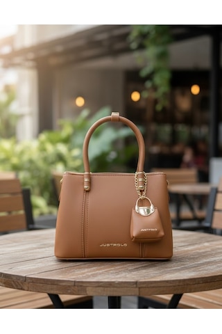 Just Polo Lüks Premium Deri Uzun Ayarlanabilir Askılı Kadın El Ve Omuz Çantası Üst Segment Tasarım Taba