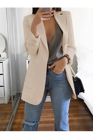Ramımse Kadın Uzun Kollu Yakalı Düğmesiz Cepli Atlas Blazer Ceket Bej