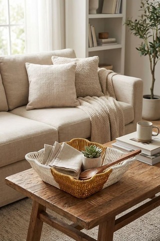 Lexroo Kare Dalgalı Çift Renkli Plastik Rattan Sepet, Ekmek Ve Meyve Sepeti, 25x25x8 Cm, Yıkanabilir Çok Renkli