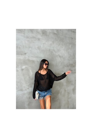 De Pose Ajurlu Sonbahar Triko Oversize Bluz Kazak Siyah