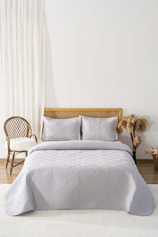 Edda Gri Nakışlı Çift Kişilik Yatak Örtüsü Takımı 3 Parça Uyku Seti Gri