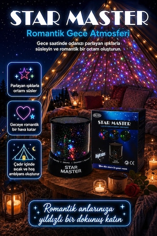 Dekoratif Led Yıldız Gece Lambası Renkli Işık Efektli Oda Atmosfer Projektörü Çok Renkli