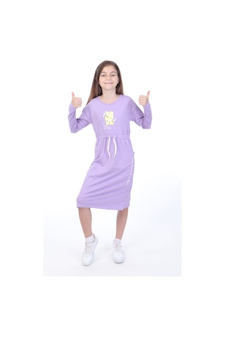 Toontoy Kız Çocuk Baskılı Relax Fit Bisiklet Yaka Uzun Kollu Bağcıklı Elbise - Lila