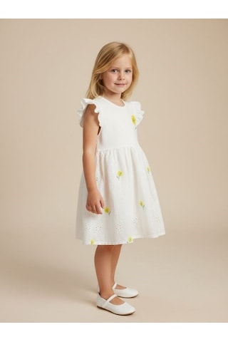 Zekids Kız Çocuk Pamuklu Çiçek Desenli Elbise-17234 BEYAZ