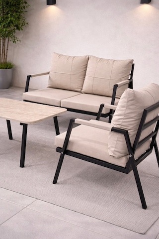 Mb Garden Furnıture Dream Balkon, Bahçe Takımı, Cafe, Metal Kanepe, Koltuk Takımı, Bahçe Mobilyası, 2+1+1 Sehpalı Bej