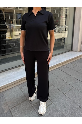 WeShaya Siyah Polyester Keten Polo Yaka Takım Siyah
