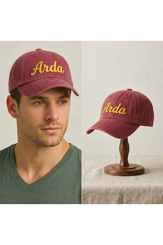 Bk Gift Kişiye Özel İsim Nakışlı Vintage Bordo Beyzbol Şapkası Unisex Eskitme Kumaş Metal Tokalı