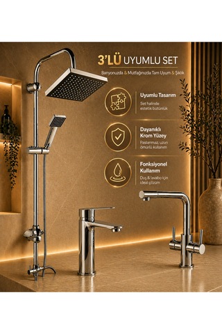 Lüx Premium Krom 3'lü Set Robot Duş Seti Sabit Lavabo 3 Yollu Arıtma Musluğu Çeşmesi Bataryası Banyo Mutfak Seti Gri