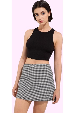 Ersefa Kadın Slim Fit Kareli Mini Örme Etek Şort Detaylı Rahat Yazlık Gü Siyah