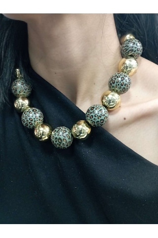 Yeşil Leopar Ve Gold Detaylı Kolye Gold