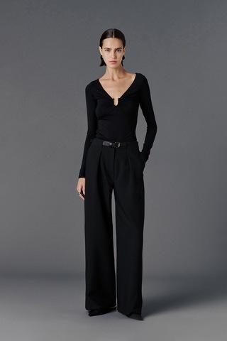 Vatkalı Kemerli Wide Leg Pantolon-20480 Siyah
