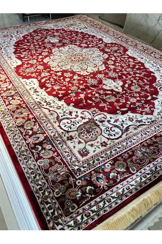 Asaryün Halı Ipek H3864 Bordo İpeksi Geleneksel Renkli Göbekli Klasik Desen Salon Halısı Modern Bordo-kırmızı