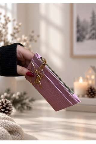 Elpida Bags Timsah Derisi Görünümlü Charm Hediyeli Pembe Kartlık