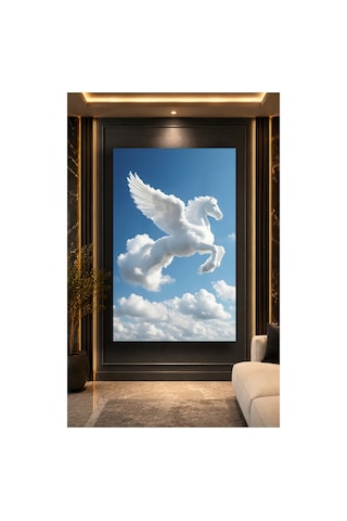 Kanatlı At Pegasus Gökyüzü Tablo Mavi Bulutlar Ve Beyaz At Dekoratif Cam Tablo Modern Premium Duvar Dekoru Uv Baskı