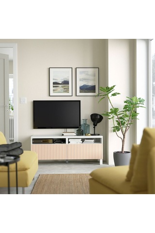 Tv Sehpası, Beyaz-huş Kaplama, 120x42x48 Cm, Bjorkovıken, Fren Raylı Beyaz