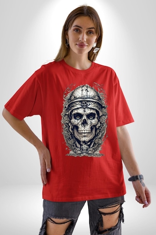 Kask Miğfer İskelet Asker Pamuklu Bisiklet Yaka Unisex Oversize Boyfriend Dijital Baskılı Kırmızı T-shirt Kırmızı
