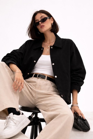 Kadın Oversize Basic Gabardin Mevsimlik Polo Yaka Ceket-385 Siyah