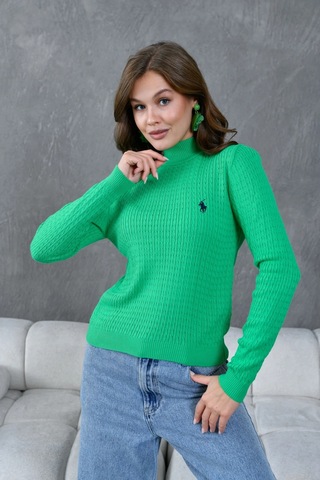 Kadın Dik Yaka Saç Örgü Nakış Detaylı Triko Kazak Yeşil