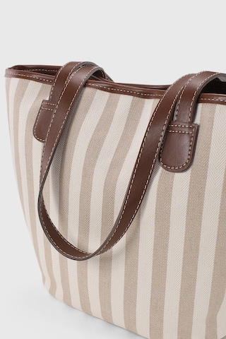 Housebags Krem Çizgili Deri Askılı Plaj Çantası Krem Çizgili