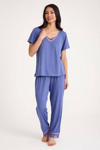 Dream Gri Mavi Viskon V Yaka Dantel Detaylı Pijama Takımı Mavi